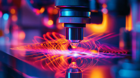 A close-up of a machine emitting bright, swirling energyの素材