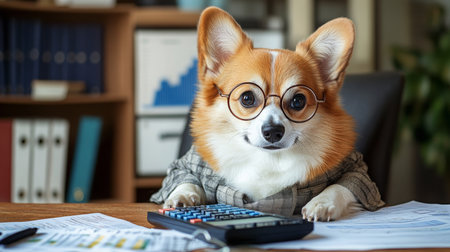 A clever dog in glasses working on calculations at a desk with papers and a calculatorの素材