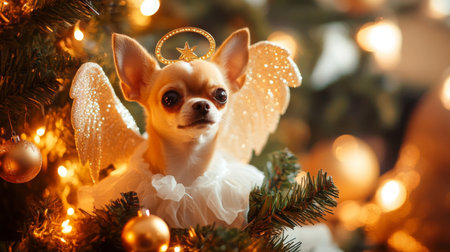 A small dog with angel wings sits in a Christmas treeの素材
