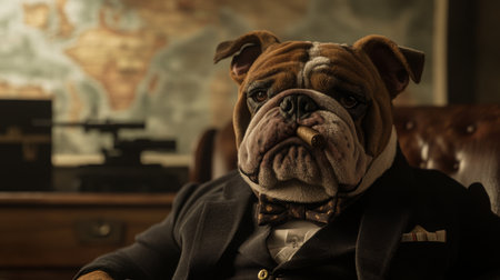 A bulldog in a suit sits in a chair, smoking a cigarの素材