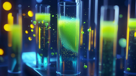Colorful liquid experiments in glass tubes creating a vibrant scientific display at a labの素材