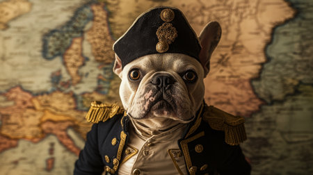 A French bulldog dressed in a naval uniform stands in front of a world mapの素材
