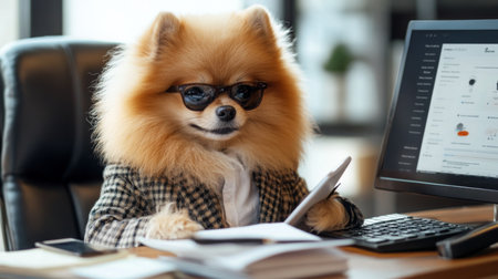 A confident Pomeranian in a suit and sunglasses works at an office desk during the dayの素材