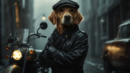 A detective dog poses next to a vintage motorcycle in a misty urban sceneの素材