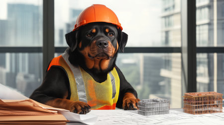 A Rottweiler wearing a construction helmet and vest at a building site meeting in the cityの素材