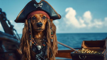 A playful dachshund dressed as a pirate on a ship deck with treasure in the backgroundの素材