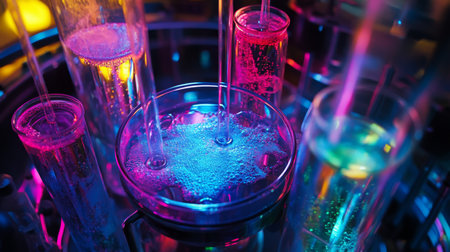 Colorful liquids pour into a petri dish under bright lightsの素材