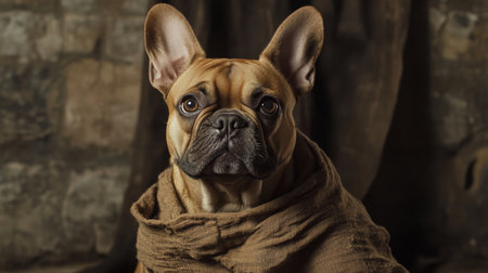 A French Bulldog dressed in a brown wrap poses gracefully in a rustic indoor settingの素材