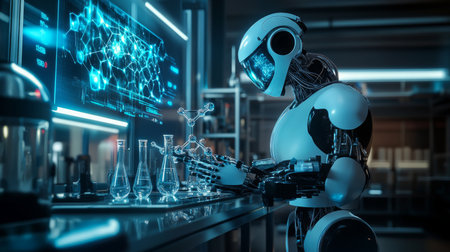A robot scientist works in a lab, examining a molecular model and beakersの素材