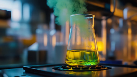 A beaker of green liquid sits on a hot plate in a laboratoryの素材