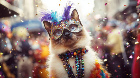 Festively dressed cat celebrating during a vibrant street festival with colorful confettiの素材