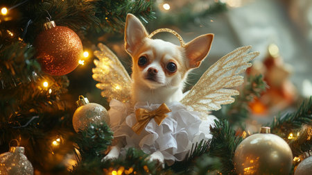 A small dog wearing angel wings sits by a Christmas treeの素材
