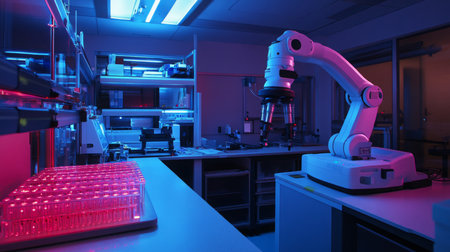Futuristic laboratory with robotic arm and illuminated equipment at nightの素材