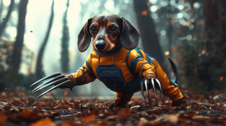 A playful dachshund in a superhero costume with claws exploring a misty forest in autumnの素材