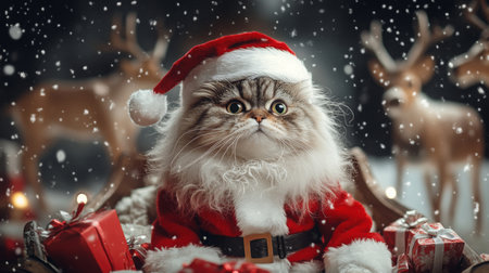 A cat dressed as Santa Claus sits in a sleigh with gifts, surrounded by snowの素材