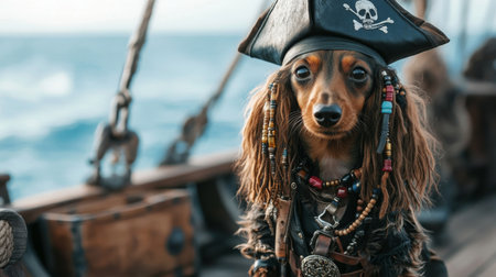 A pirate dog dressed in a costume on a ship sailing the ocean under a clear blue skyの素材