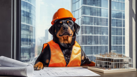 A Rottweiler in a hard hat reviews construction plans inside a modern office buildingの素材