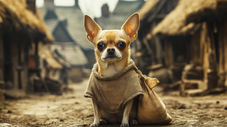 Charming dog sits in a quaint village square during a sunny afternoon in a rustic settingの素材