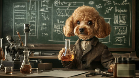 A poodle wearing a brown suit holds a beaker in a classroomの素材