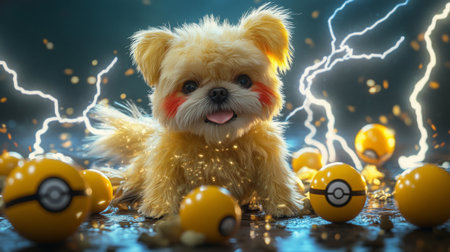 A cute fluffy dog in a playful pose surrounded by yellow balls and a stormy backdropの素材