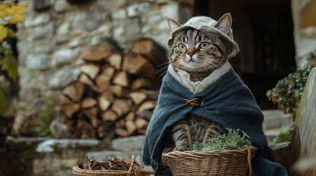 A cat dressed in a medieval costume sits in front of a stone buildingの素材