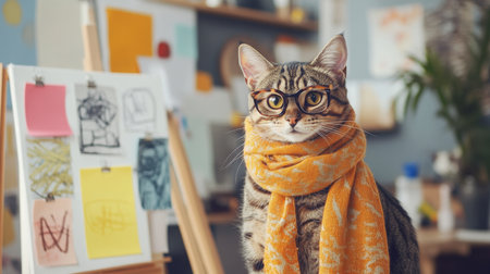 A tabby cat wearing glasses and a scarf stands in front of an easelの素材