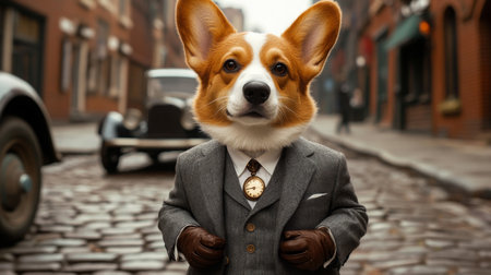 A corgi dressed in a suit stands on a cobblestone streetの素材
