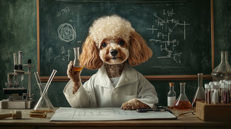A dog in a lab coat holds a beaker while conducting experiments in a classroom settingの素材