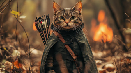 Adventurous cat dressed as a ranger with arrows in a forest during a misty autumn morningの素材