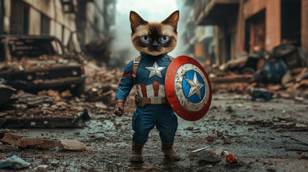 A heroic cat dressed as a superhero stands ready in a war-torn urban landscapeの素材