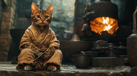 A cat dressed in a monks robe sits calmly with a tool in its paw near a crafting workshopの素材