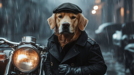 A golden retriever wearing a cap and coat stands in front of a motorcycle in the rainの素材