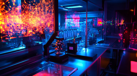 Innovative laboratory with colorful digital displays and advanced equipment at nightの素材