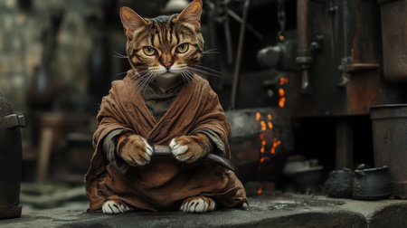 A wise cat dressed in a brown robe sitting peacefully in an ancient workshop at twilightの素材