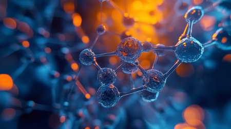 Molecular structure illuminated by vibrant colors in a scientific visualization at nightの素材