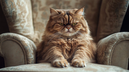 A regal Persian cat lounging comfortably on an ornate chair in a cozy living room settingの素材