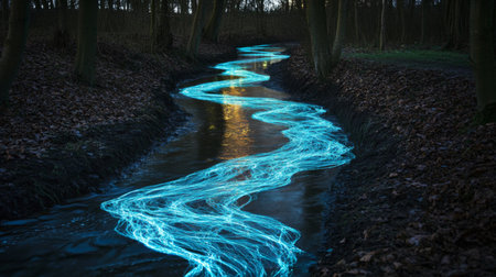 A glowing blue river winding through a forest during twilight hoursの素材