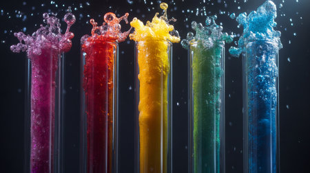 Colorful bubbling liquids in test tubes creating vibrant display against a dark backgroundの素材