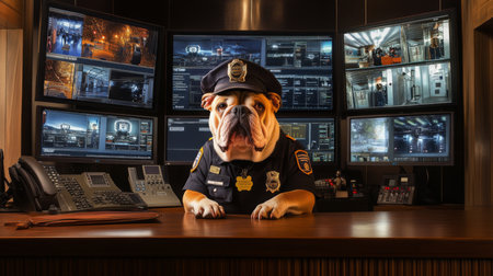 A bulldog dressed as a police officer works diligently at a busy control centerの素材