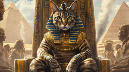 A majestic cat in Egyptian attire sits on a throne against the backdrop of the pyramidsの素材