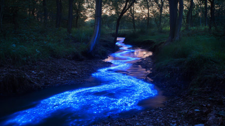 A bioluminescent river glows in the dark forestの素材