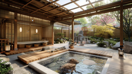 Serene Japanese Zen Garden With Hot Tub in Spring Morningの素材