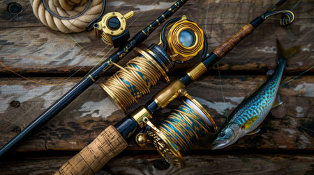 Fishing Rod Close Up on Wooden Surfaceの素材