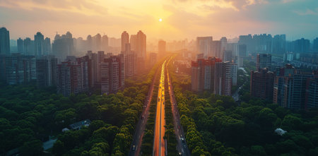 Aerial View of City at Sunsetの素材