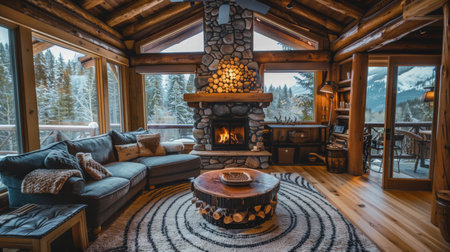 Cozy Mountain Cabin Living Room With Fireplace and Scenic Views in Winter Morningの素材