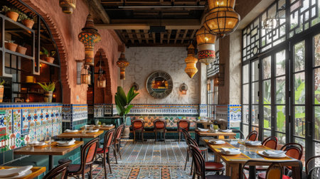 Cozy Moroccan-Inspired Restaurant Interior With Colorful Tiles and Lanterns at Sunsetの素材