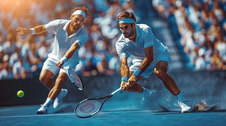 Intense Doubles Match at Sunlit Tennis Courtの素材