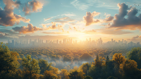 Sun Setting Over Distant Cityの素材