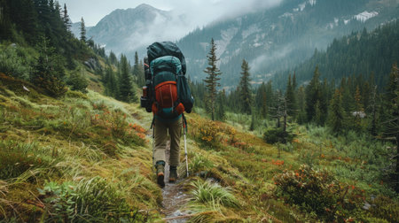 Man Hiking Up a Hillの素材