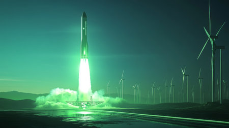 A futuristic rocket launch amid wind turbines at twilight enhances renewable energy themesの素材